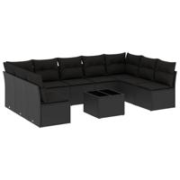 10-delige Loungeset met kussens poly rattan zwart - thumbnail