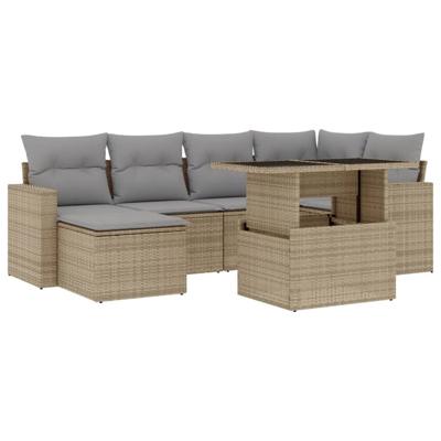 7-delige Loungeset met kussens poly rattan beige