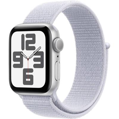 Apple Watch SE (2e gen.) GPS 40 mm Smartwatch - Kast van zilverkleurig aluminium - Ochtendblauw geweven sportbandje. Conditie en slaap bijhouden, ongelukdetectie, hartritme monitoren, CO₂-neutraal