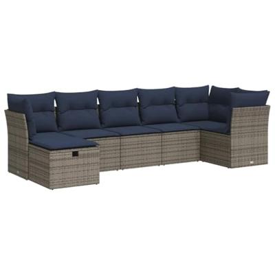 7-delige Loungeset met kussens poly rattan grijs