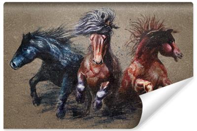 Fotobehang - Drie galopperende Paarden, 11 maten, Prachtige tekening, inclusief behanglijm