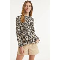 ICHI blouse met all over print en plooien wit/beige/zwart - thumbnail