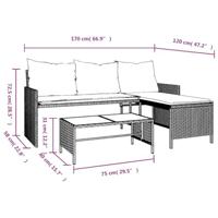 Tuinbank met tafel en kussens L-vormig poly rattan zwart - thumbnail