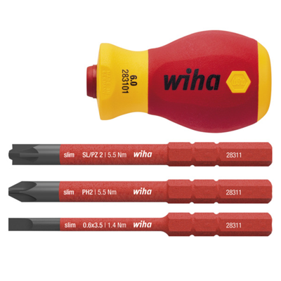 Wiha schroevendraaier met bithouderset electric slimvario (rood/geel, stubby 4-delig met slimbits)