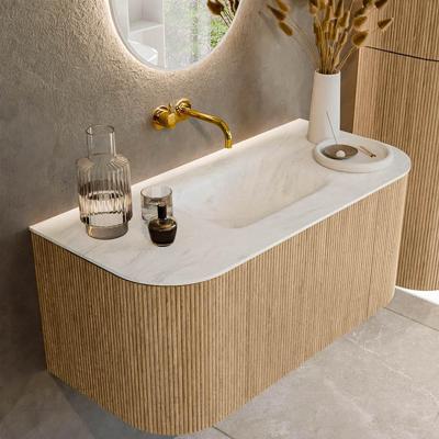 Mondiaz KURVE-DLUX 100 cm Onderkast Greeploos 1 Lade Met Deuren Oak, Wastafel Solid Surface MIdden Opalo 0 Kraangaten Zonder Spiegel (KRVGRU100L+R1L2D0KM-Oak/Opa)