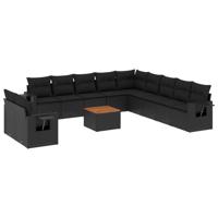 12-delige Loungeset met kussens poly rattan zwart - thumbnail