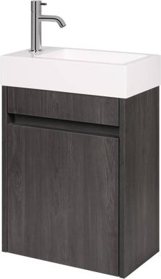 Saqu Florence voorgemonteerd fonteinmeubel in gebrand zwart met fontein en chromen kraan links