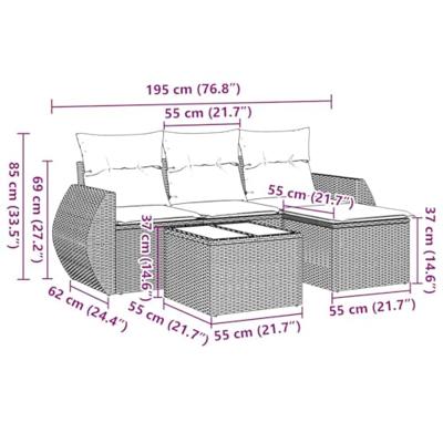 5-delige Loungeset met kussens poly rattan zwart