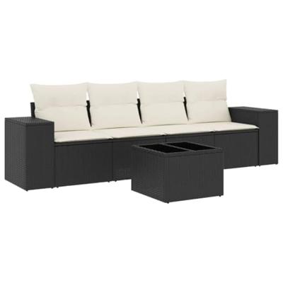 5-delige Loungeset met kussens poly rattan zwart