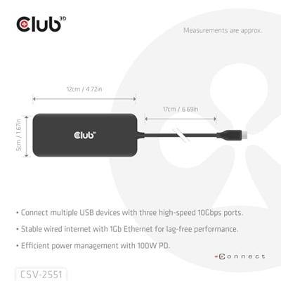 Club3D CSV-2551 8-1 Draagbare USB Type-C® Dock 10 Gbps naar HDMI™ en DisplayPort™ 8K30Hz PD Max.100Watt