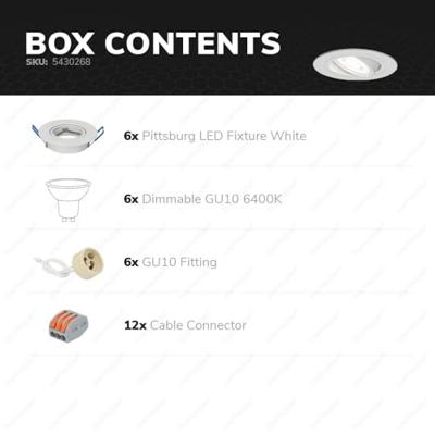 Set van 6 Pittsburg LED inbouwspots - GU10 4 Watt 345 Lumen - 6500K Daglicht wit - Dimbaar - Rond - Kantelbaar - IP20 Voor binnen - Wit