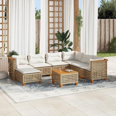 8-delige Loungeset met kussens poly rattan beige