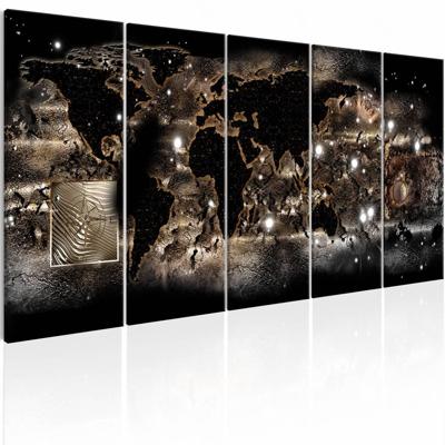 Schilderij - Verlichte Wereld - Wereldkaart , zwart , beige , 5 luik, Premium print op echt Italiaans canvas, voor slaapkamer en woonkamer, wanddecoratie Schilderij - Verlichte Wereld - Wereldkaart , zwart , beige , 5 luik, Premium print op echt Italiaans canvas, voor slaapkamer en woonkamer, wanddecoratie
