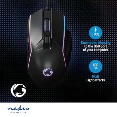 Nedis GMWD510BK Gaming Muis Bedraad Dpi: 800 / 1200 / 2400 / 3200 / 4800 / 7200 Dpi Instelbare Dpi Aantal Knoppen: 6 Programmeerbare Knoppen Rechtshandig 1.50 M Led
