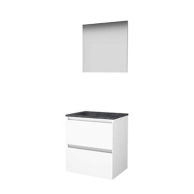 Basic-Line Basic 46 Badkamermeubelset - 60 x 46 cm - Greeploos - 2 Lades - Hardstenen Wastafel - 1 Kraangat - Spiegel - Ice White