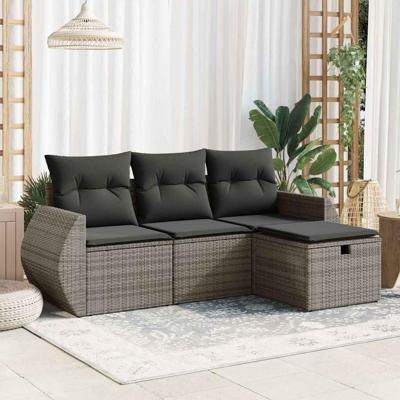 4-delige Loungeset met kussens poly rattan grijs