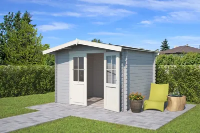 Outdoor Life Baltimore Blokhut 312x250 cm 28 mm vuren Platinum Grey-Wit gecoat- Zadeldak- - Outdoor Life