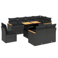 9-delige Loungeset met kussens poly rattan zwart - thumbnail