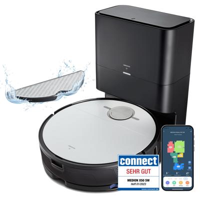 MEDION X50 SW - Robot Aspirapolvere con Stazione di Scarico - Navigazione Laser - Potenza 8000 Pa - Zone NO GO&GO