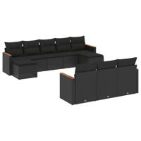 10-delige Loungeset met kussens poly rattan zwart - thumbnail