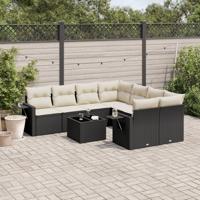 9-delige Loungeset met kussens poly rattan zwart - thumbnail