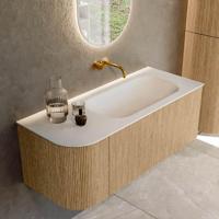 Mondiaz KURVE 115 cm Onderkast Greeploos 1 Lade Met Deuren Oak, Wastafel Solid Surface Rechts Talc 0 Kraangaten Zonder Spiegel (KRVBGS115L1L1D0KR-Oak/Tal) - thumbnail