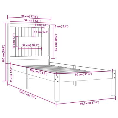 Bedframe massief hout 90x190 cm