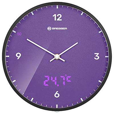 BRESSER MyTime LEDsec wandklok 24 cm met temperatuurweergave (purple)
