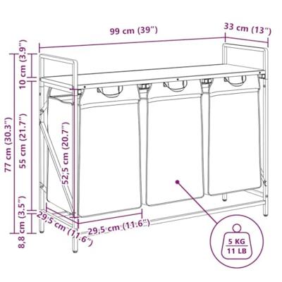 Wasmand 3 vakken met plank zwart eikenkleurig
