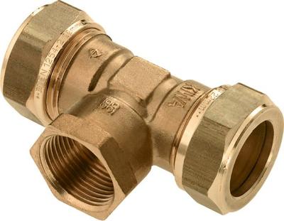 Bonfix knelkoppeling - T-stuk knel x binnendraad x knel - 18mm x 3/4 x 18mm - Messing