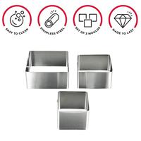 Metaltex Vierkante Kookringen 3 Stuks 6/8/10 cm RVS - thumbnail