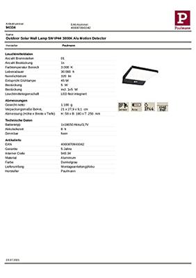 Paulmann 94334 Ronas Wandlamp op zonne-energie Energielabel: A (A - G) 5 W Warmwit Donkergrijs