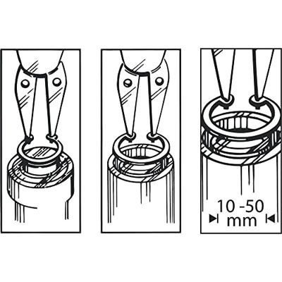 TOOLCRAFT TO-6679764 Precisie-borgveertang Geschikt voor borgringen Binnen- en buitenringen 10-50 mm 10-50 mm Puntvorm 90° haaks, 45° gebogen, Recht, Recht