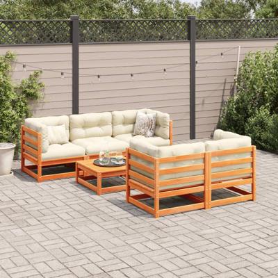 6-delige Loungeset met kussens massief grenenhout wasbruin - thumbnail