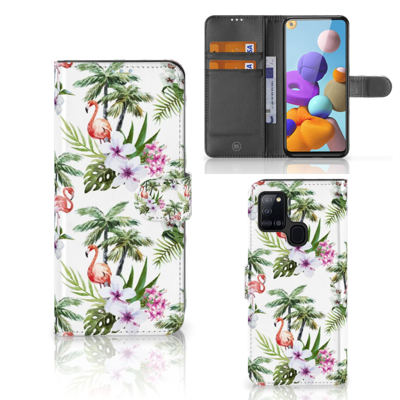Samsung Galaxy A21s | Telefoonhoesje | Met pasjeshouder | Flamingo Palms Samsung Galaxy A21s | Telefoonhoesje | Met pasjeshouder | Flamingo Palms