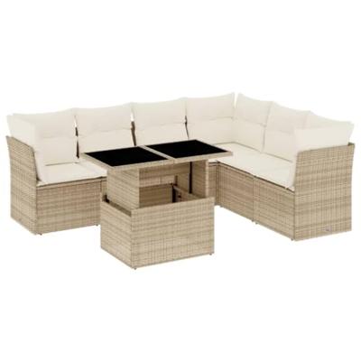 7-delige Loungeset met kussens poly rattan beige