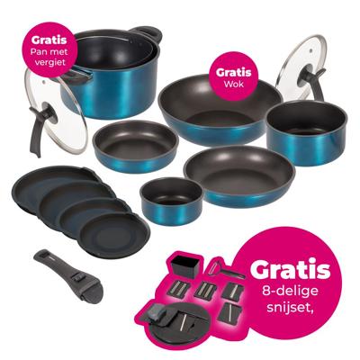 Kelton Complete 4-in-1 stapelbare 26-delige pannenset. Koekenpan, wokpan, sauspan met vergiet, glazen deksels en vacuümdeksels. Kelton Complete 4-in-1 stapelbare 26-delige pannenset. Koekenpan, wokpan, sauspan met vergiet, glazen deksels en vacuümdeksels.