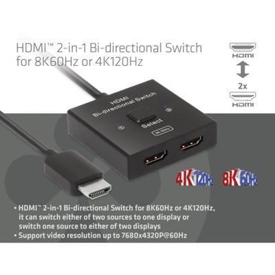Club 3D hdmi switch 2-in-1 bi-directional for 8k60hz or 4k120hz (zwart, 0.5 meter)