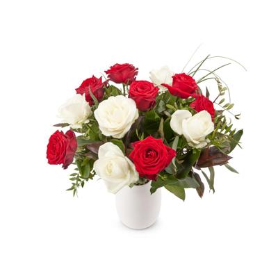 Bloemen - Boeket Rozen Rood-Wit (Middel) Bloemen - Boeket Rozen Rood-Wit (Middel)
