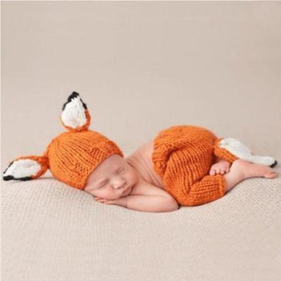 Kinderen fotografie kleding cartoon Fox vorm handgemaakte wol brei Hat + Broek set grootte: 0-3 ? (oranje)