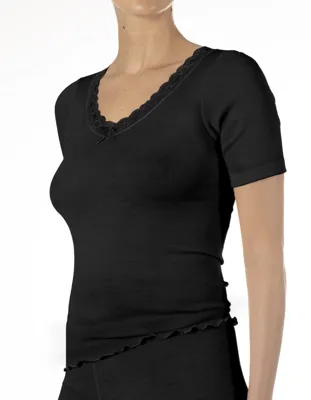 Dames wollen T-shirt met kant - Merino wollen thermo ondergoed korte mouw