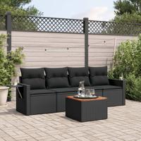 5-delige Loungeset met kussens poly rattan zwart - thumbnail