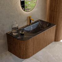 Mondiaz KURVE-DLUX 95 cm Onderkast Greeploos 1 Lade Met Deuren Walnut, Wastafel Solid Surface Rechts Lava 1 Kraangat Zonder Spiegel (KRVBGS95L1L1D1KR-Wal/Lav) - thumbnail
