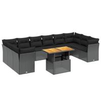11-delige Loungeset met kussens poly rattan zwart - thumbnail
