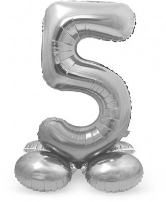 Zilverkleurig Folieballon Cijfer 5 Op Standaard (72 cm)