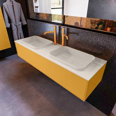 Badkamermeubelset Mondiaz Erin 150 cm met 1 Lade met RIDGE Wastafel Dubbel Linen met 2 kraangaten Greeploos Mat Ocher