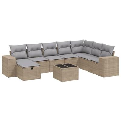 9-delige Loungeset met kussens poly rattan gemengd beige
