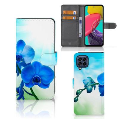 Samsung Galaxy M53 Hoesje Orchidee Blauw - Cadeau voor je Moeder | Portemonnee hoesje Samsung Galaxy M53 Hoesje Orchidee Blauw - Cadeau voor je Moeder | Portemonnee hoesje