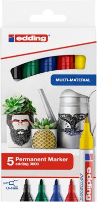 Edding 3000 4-3000-5 Permanent marker Zwart, Blauw, Rood, Groen, Geel Watervast: Ja