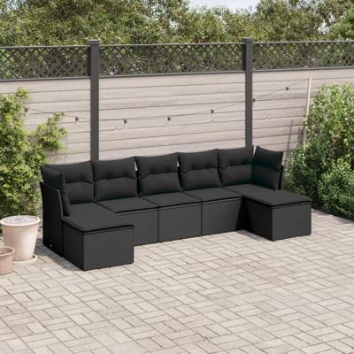 7-delige Loungeset met kussens poly rattan zwart - thumbnail